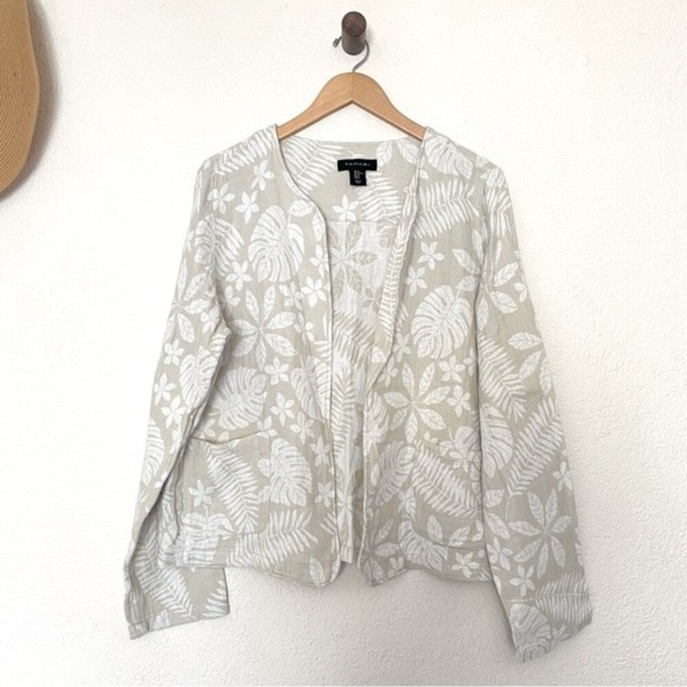 Tahari Tropical Linen Jacket Botanical Print Boxy Open Front Blazer Coastal XL